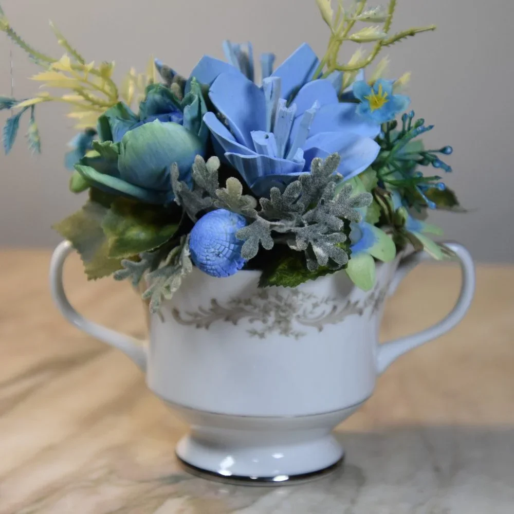 Vintage Sango sugar bowl filled with Sola flowers airbrushed in soothing blues